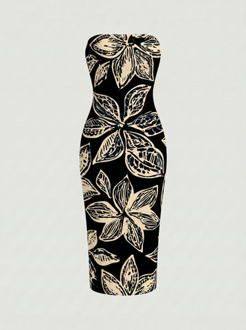 MAIA Floral Print Strapless Sheath Midi Dress