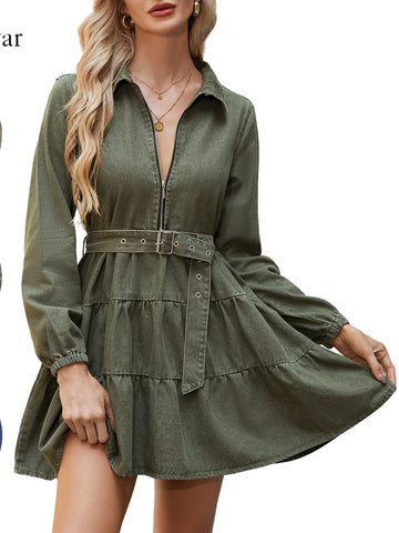 Zip Up Belted Denim Dress