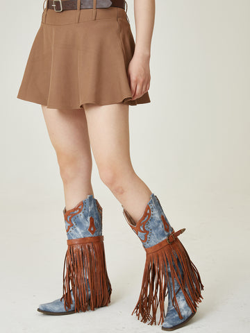 Fringed Denim Pointed Toe Western Cowboy Boots