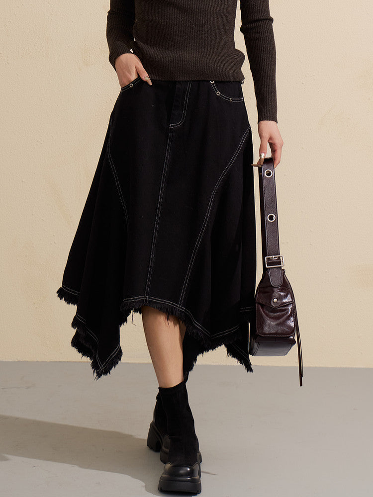 Distressed Asymmetric High Waist Denim Skirt