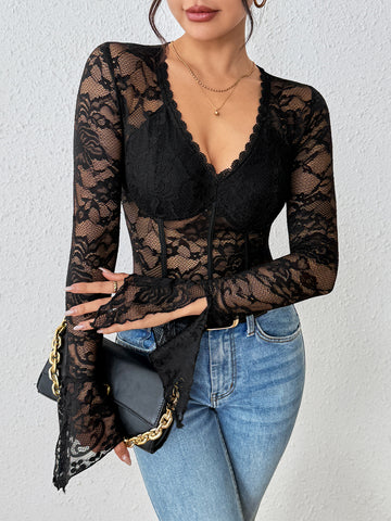 Lace Long Sleeve Sexy Bodysuit-Multicolor