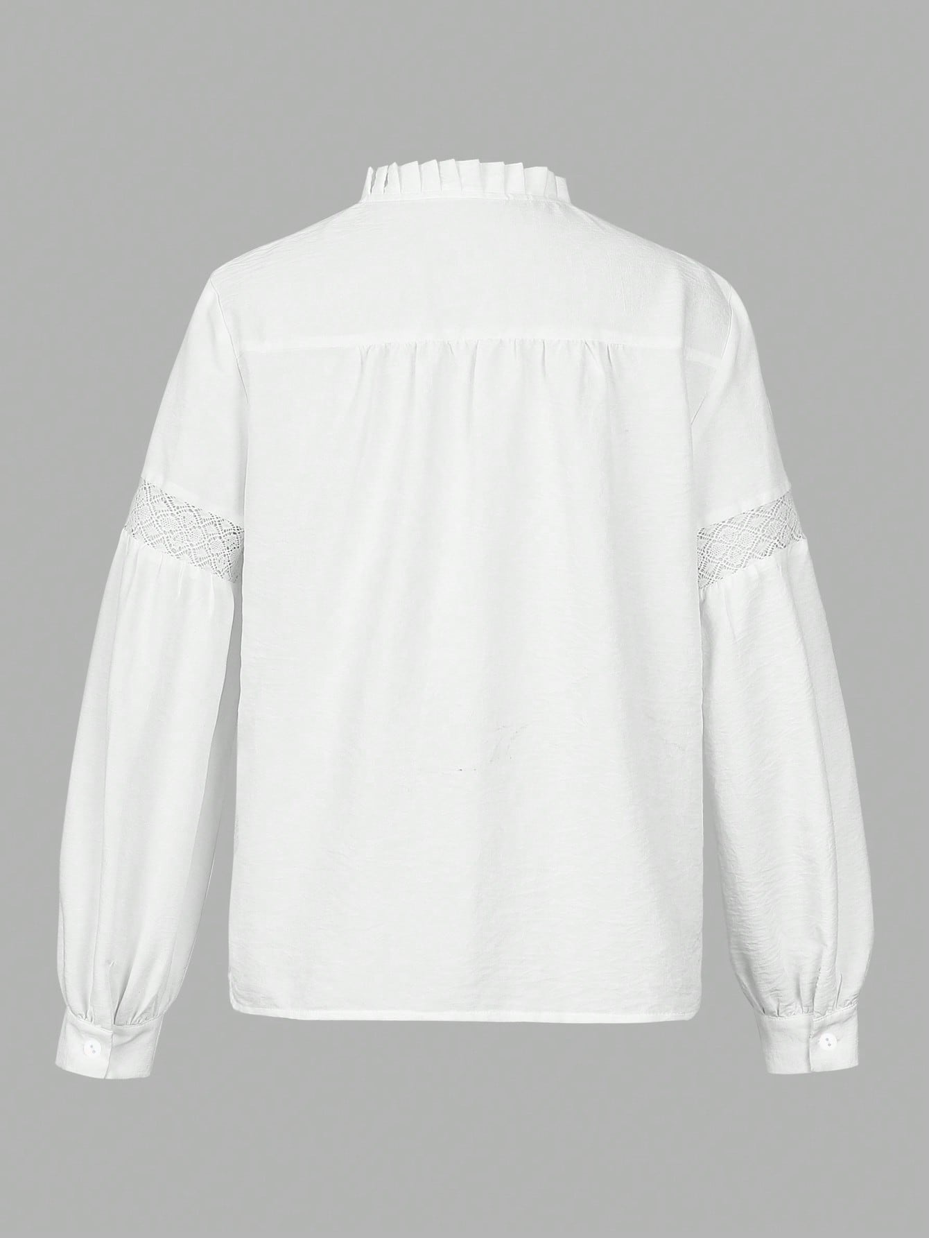 Puff Sleeve Lace Trimmed Casual Shirt-White