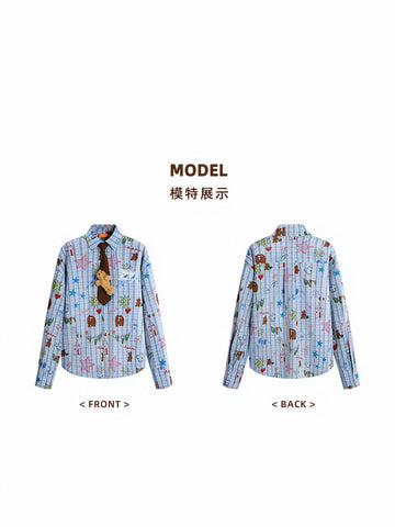 Oversized Plaid Doodle Print Button Up Shirt