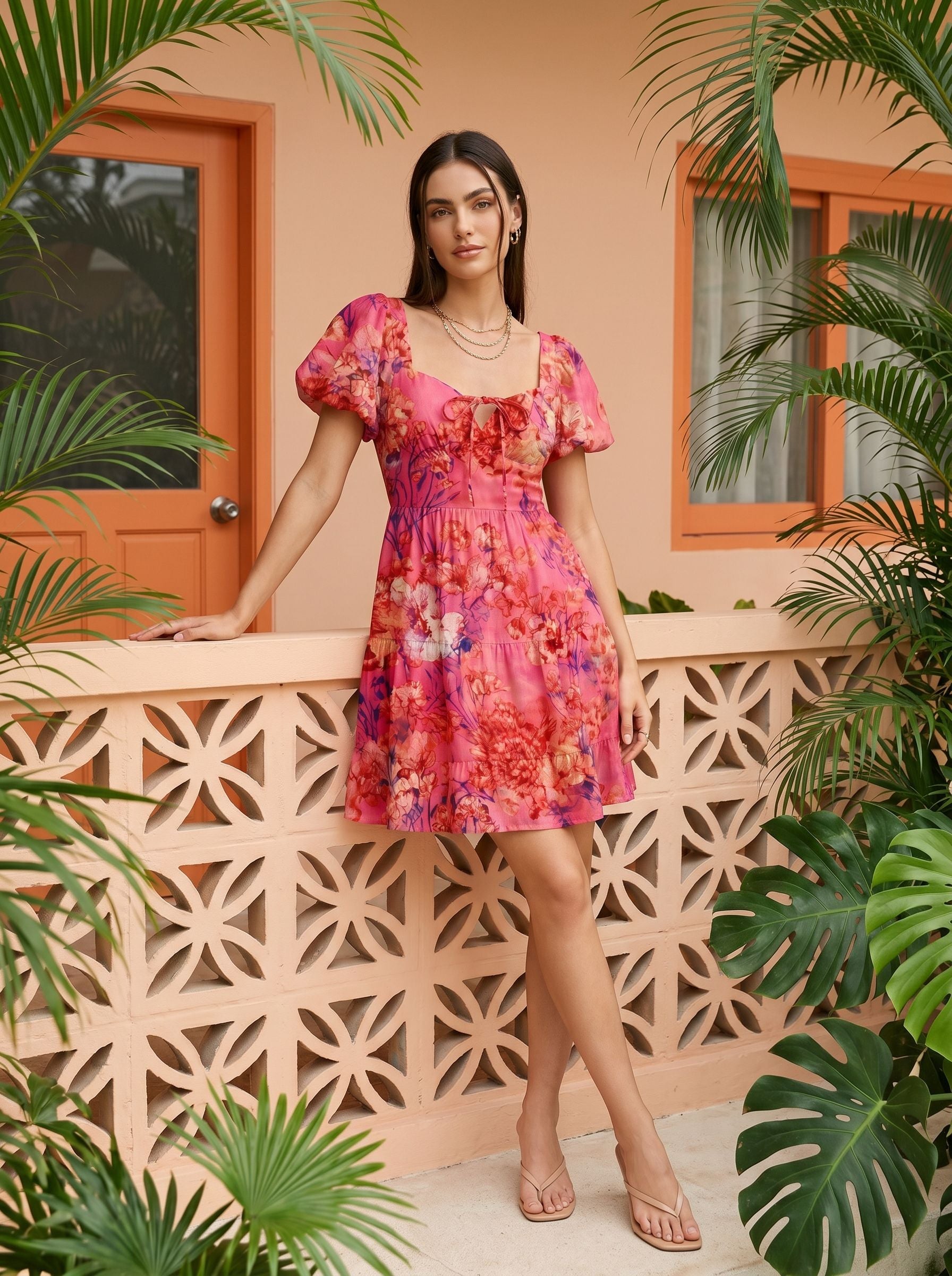 Floral Print Puff Sleeve Tiered Mini Dress