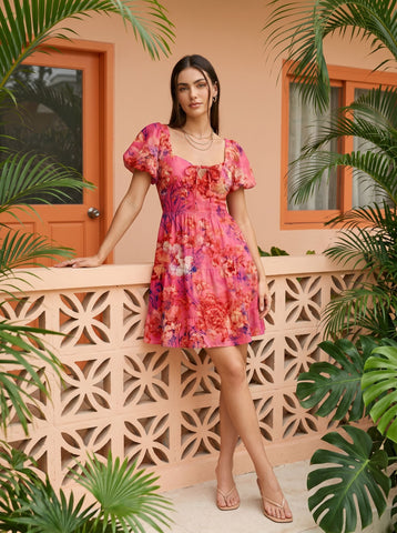 Floral Print Puff Sleeve Tiered Mini Dress