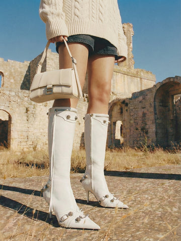 Studded Zipper Pointed Toe Punk Knee-High Boots