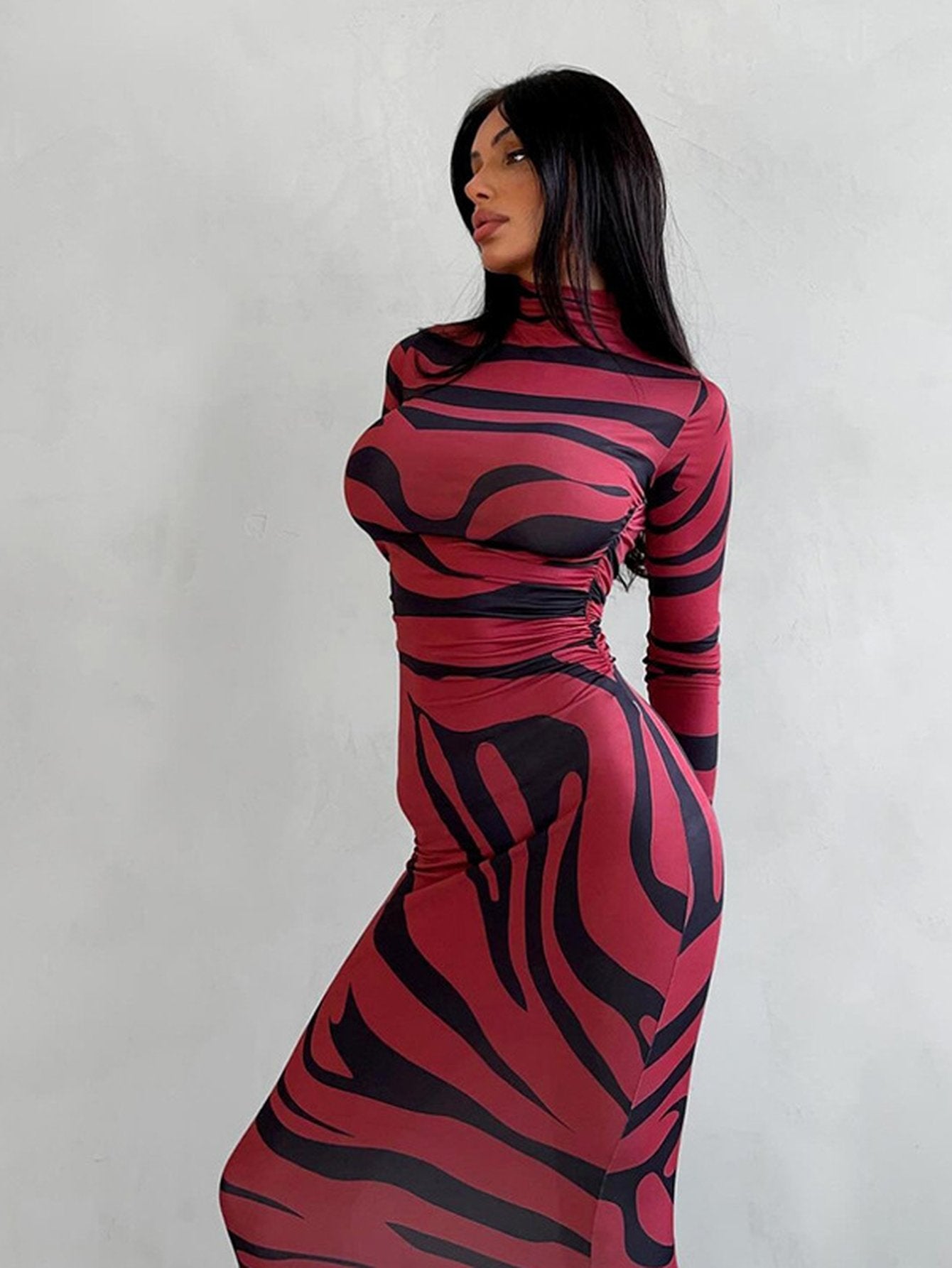 Bodycon Zebra Print Mock Neck Dress