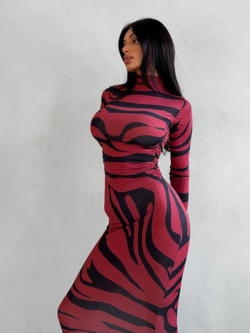 Bodycon Zebra Print Mock Neck Dress