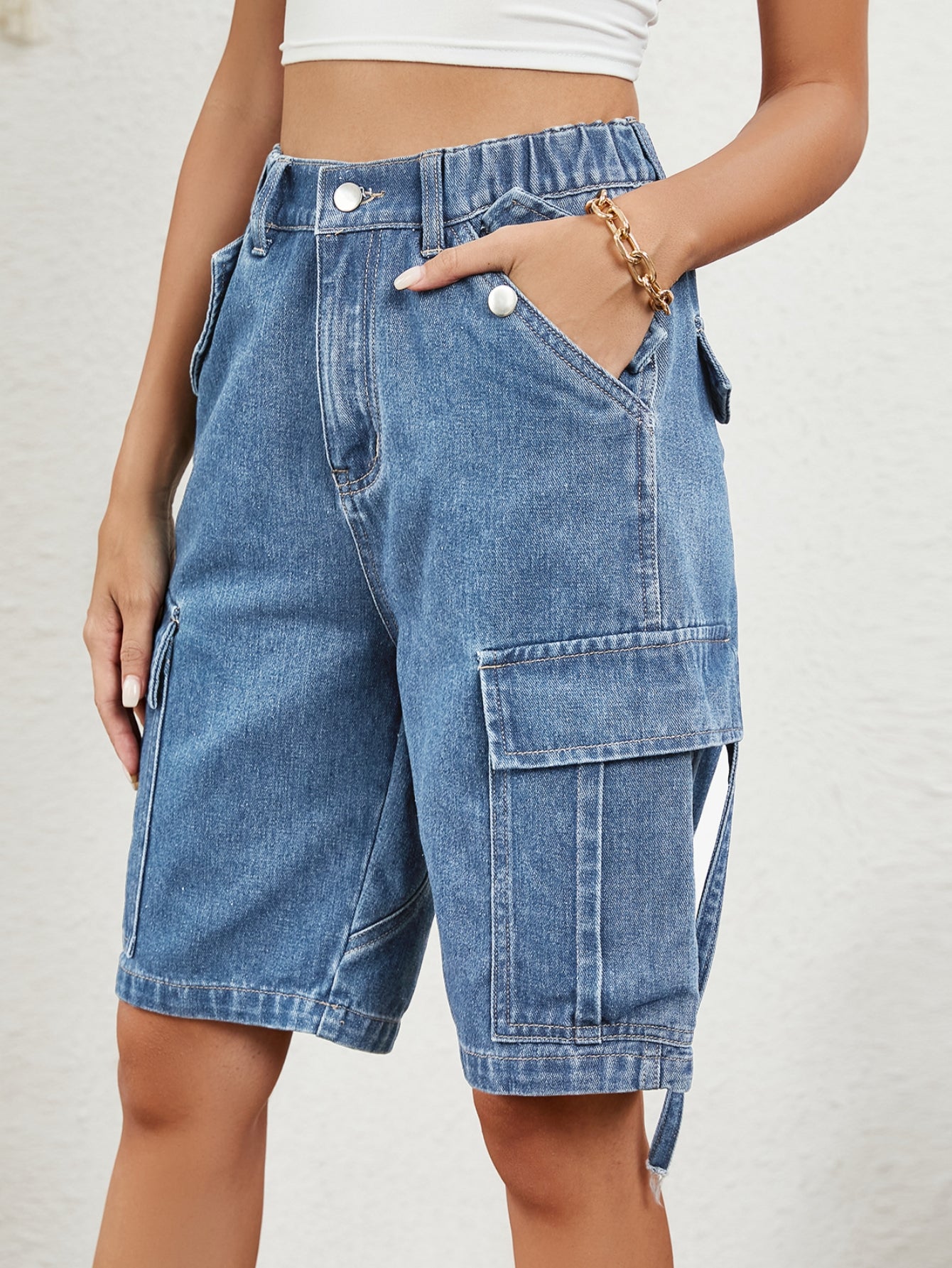 High Waisted Utility Denim Shorts