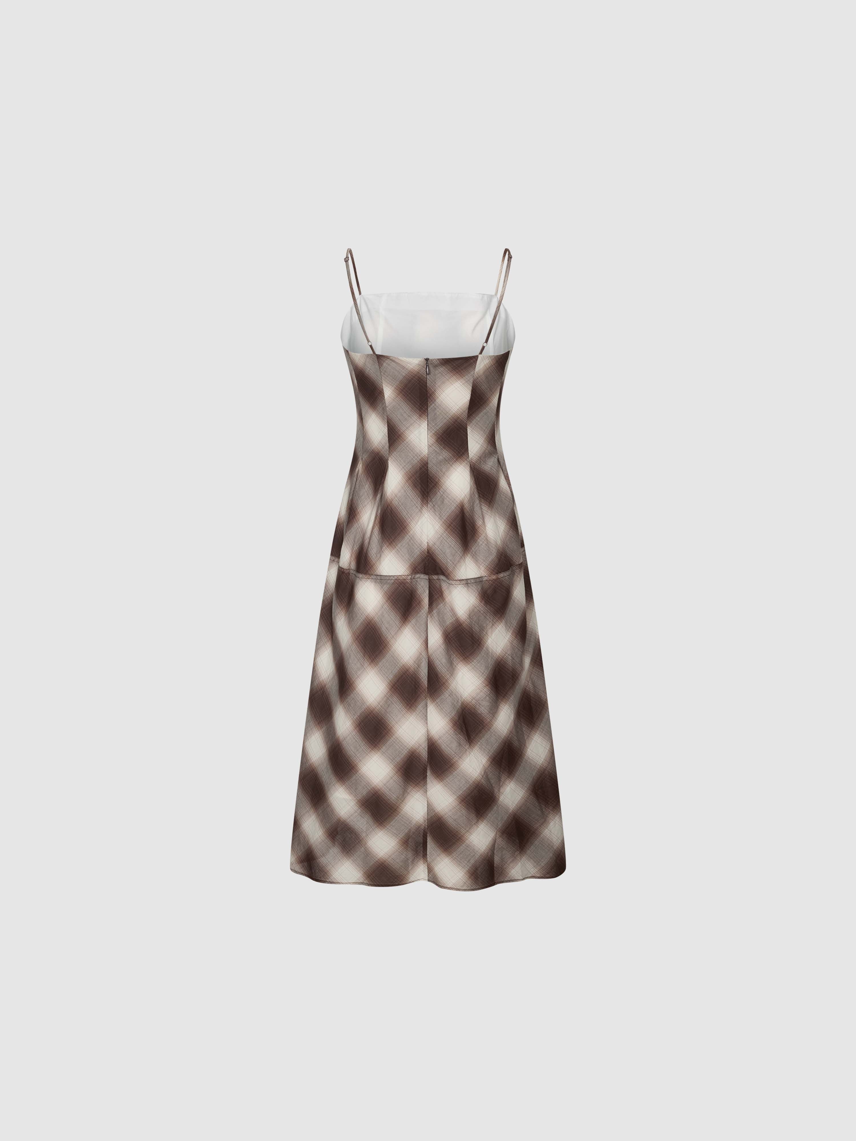 Contrast Check Strappy A-Line Midi Dresses