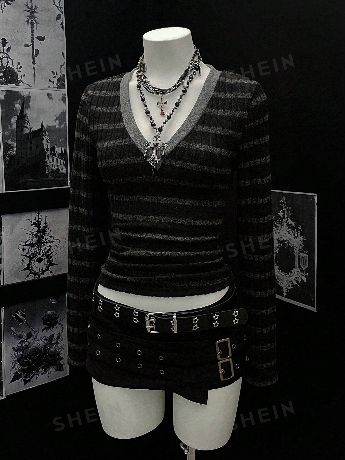Goth Striped V Neck Long Sleeve Tee