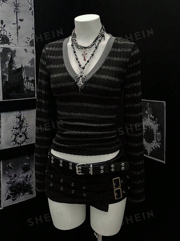 Goth Striped V Neck Long Sleeve Tee
