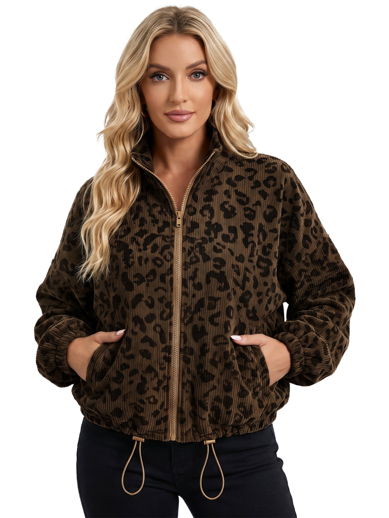 Leopard Print Corduroy Zip Up Jacket