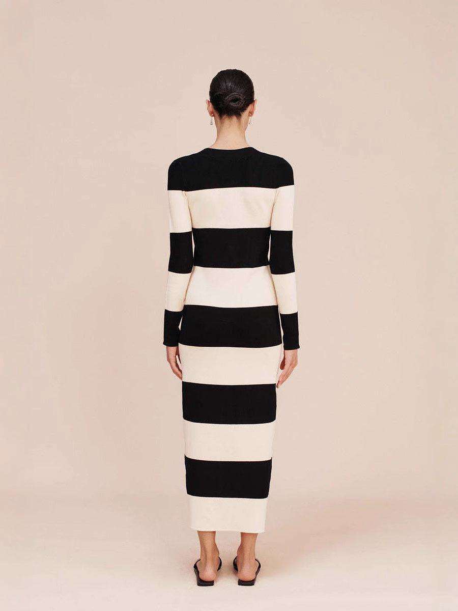Striped Button Down Knit Midi Dress