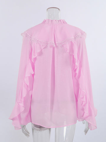 Ruffle Trim Lace Button Down Shirt
