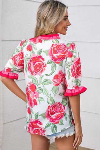 Floral Ruffle Trim Chiffon Blouse