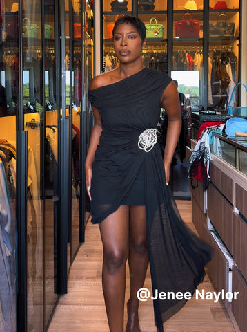 Asymmetric Neckline Floral Waist Mini Dress