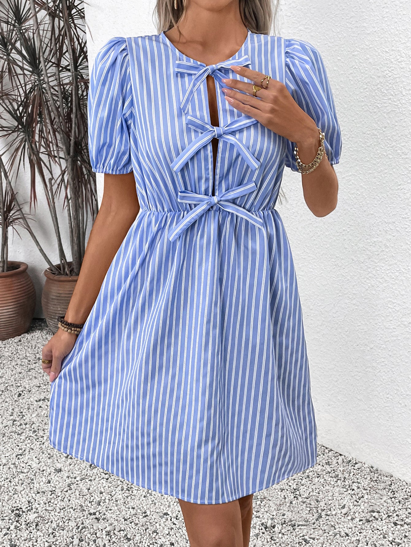 Puff Sleeve Oversized Bow Elegant Mini Dress-Multicolor