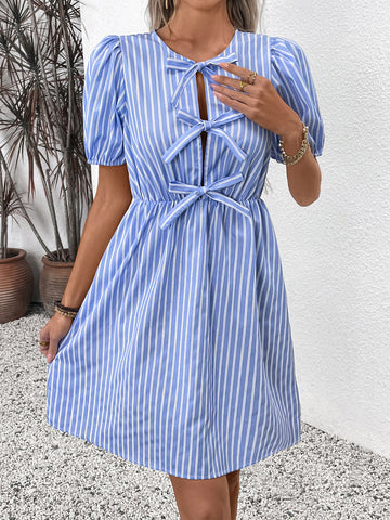 Puff Sleeve Oversized Bow Elegant Mini Dress-Multicolor