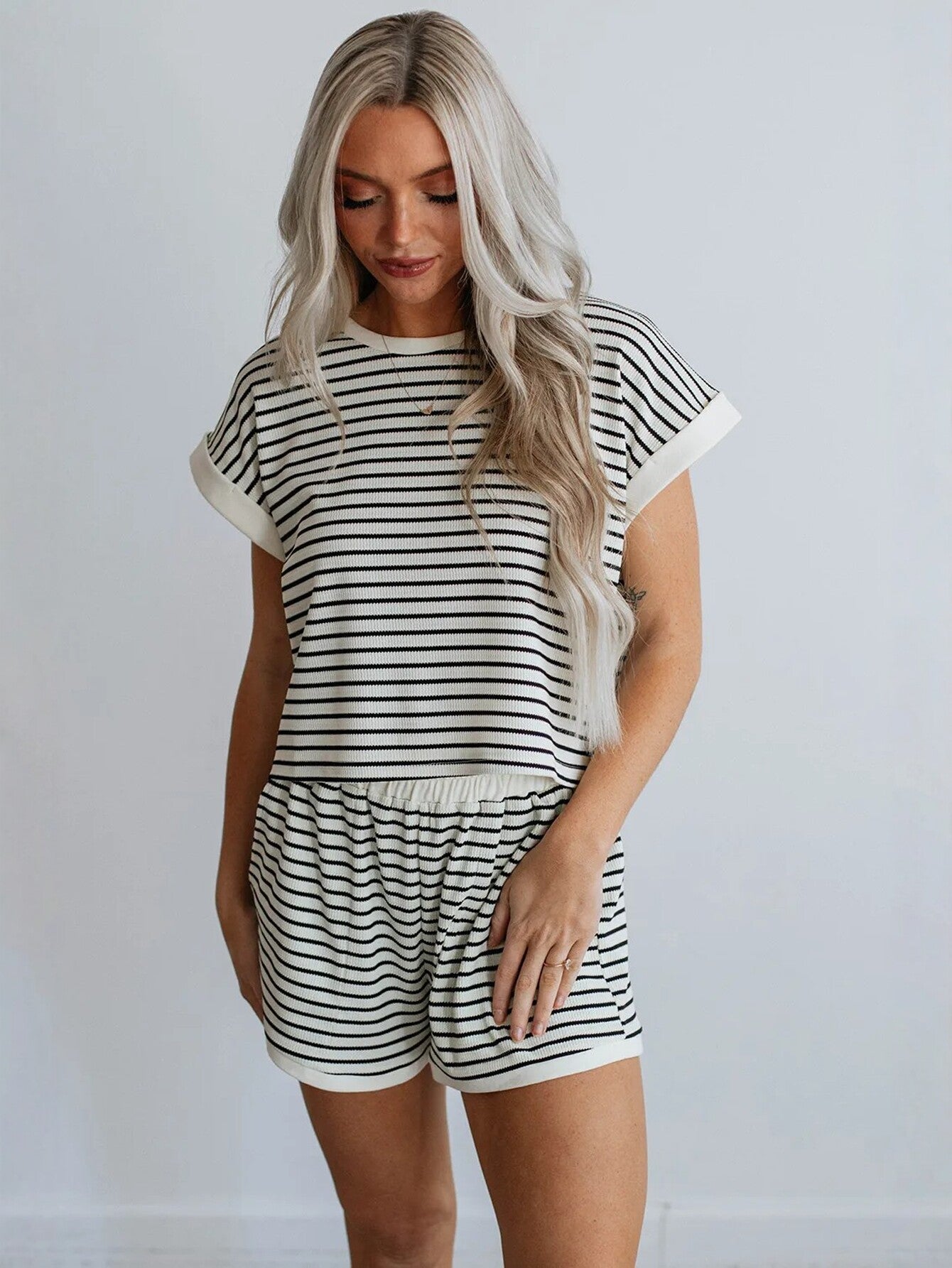 Striped Short Sleeve Shorts Set