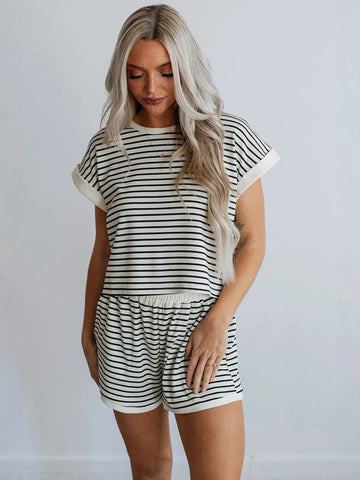 Striped Short Sleeve Shorts Set