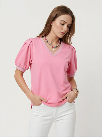 Puff Sleeve V Neck Romantic T-Shirt