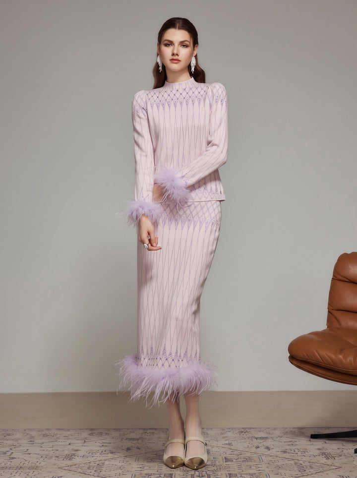 Feather Trim Glitter Knit Midi Skirt