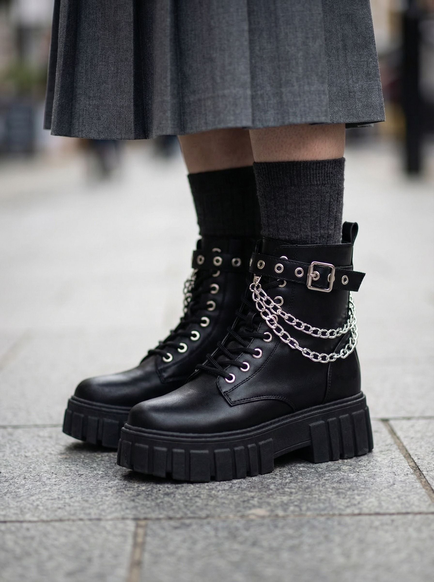Chunky Sole Chain Detail Combat Boots-Black