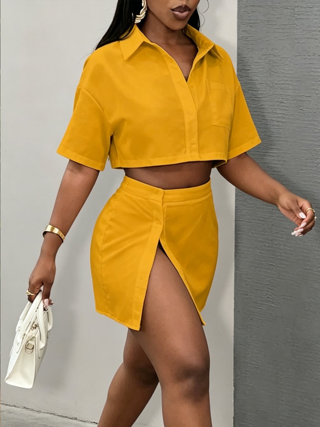 Cropped Shirt High Slit Skirt Set