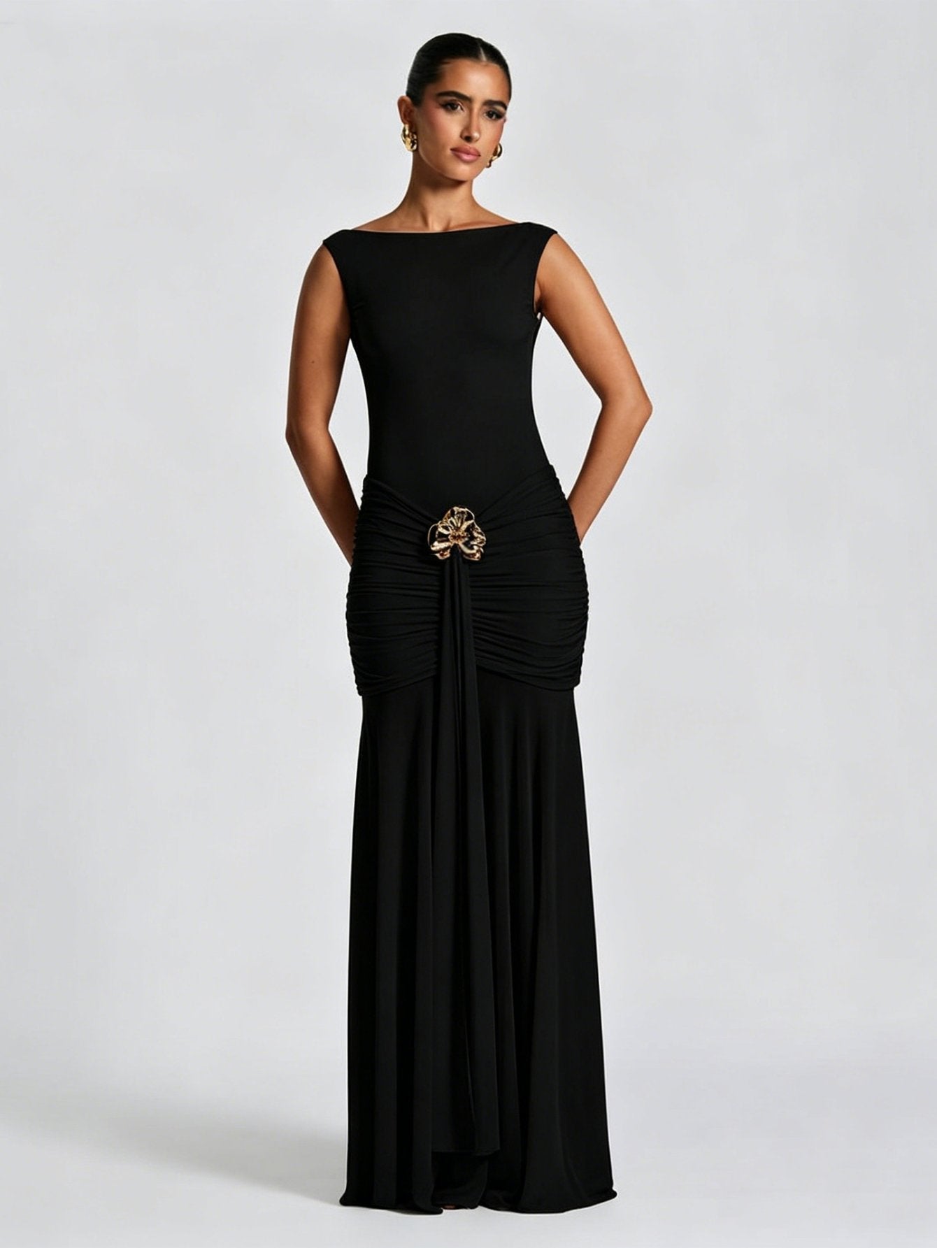 Elegant Ruched Embellished Maxi Dress