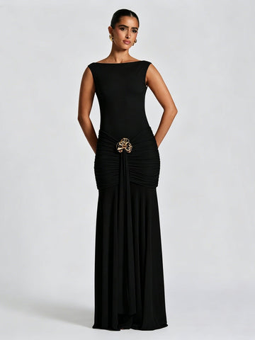 Elegant Ruched Embellished Maxi Dress