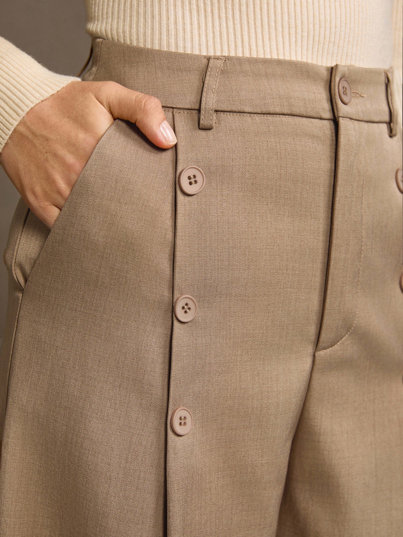 High Waisted Button Detail Wide Leg Pants