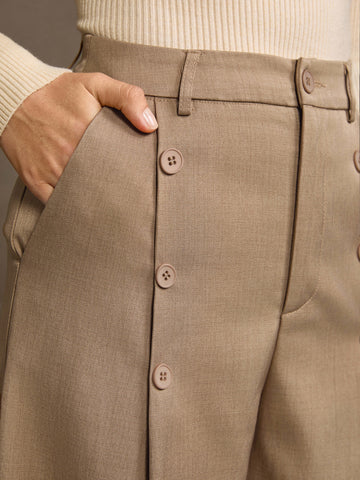 High Waisted Button Detail Wide Leg Pants