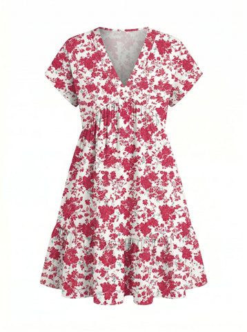 Floral Print V Neck Tiered Babydoll Mini Dress