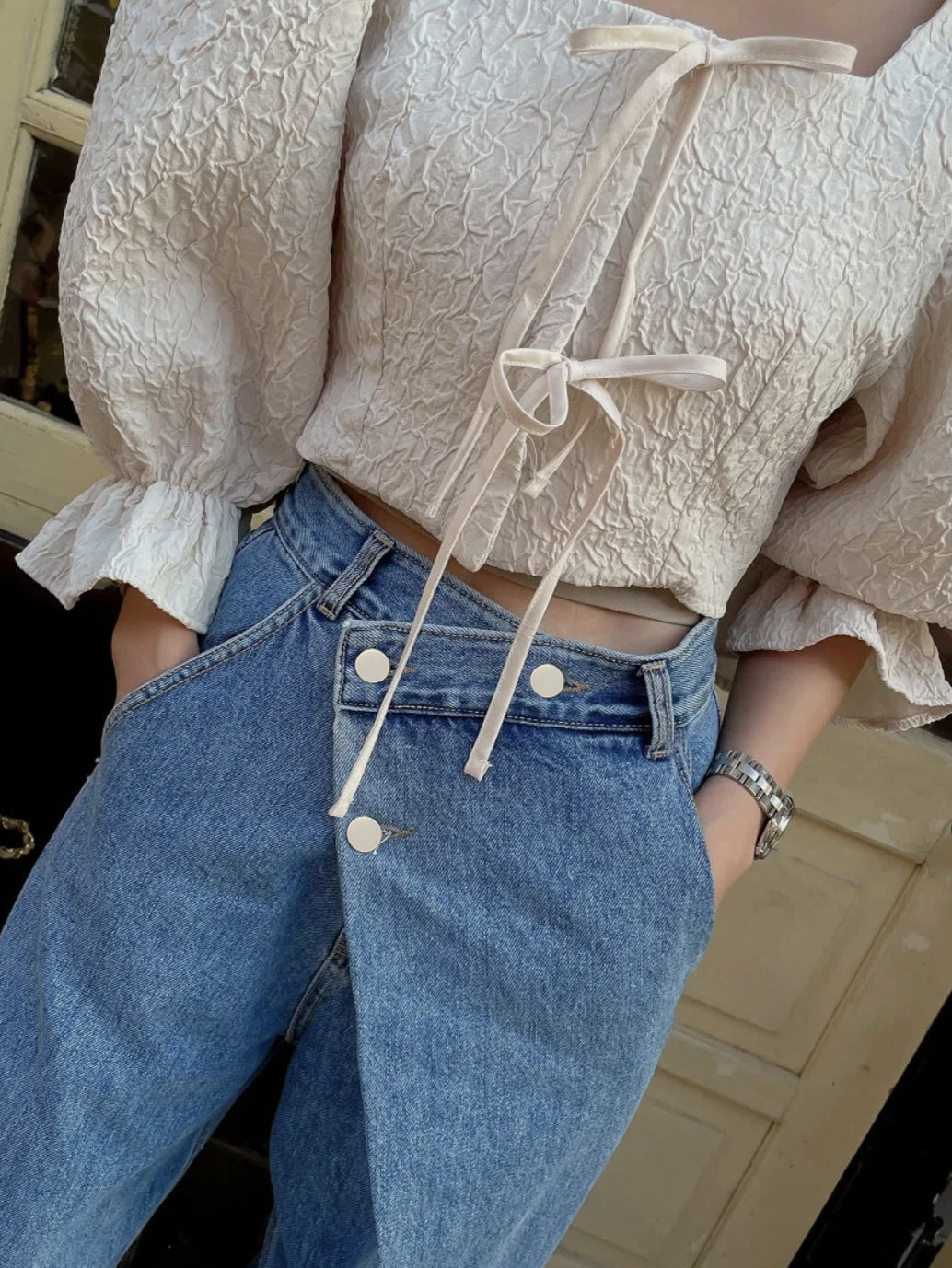 Asymmetric High Waisted Wide Leg Jeans