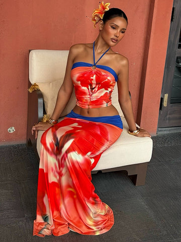 Vibrant Halter Top Maxi Skirt Set