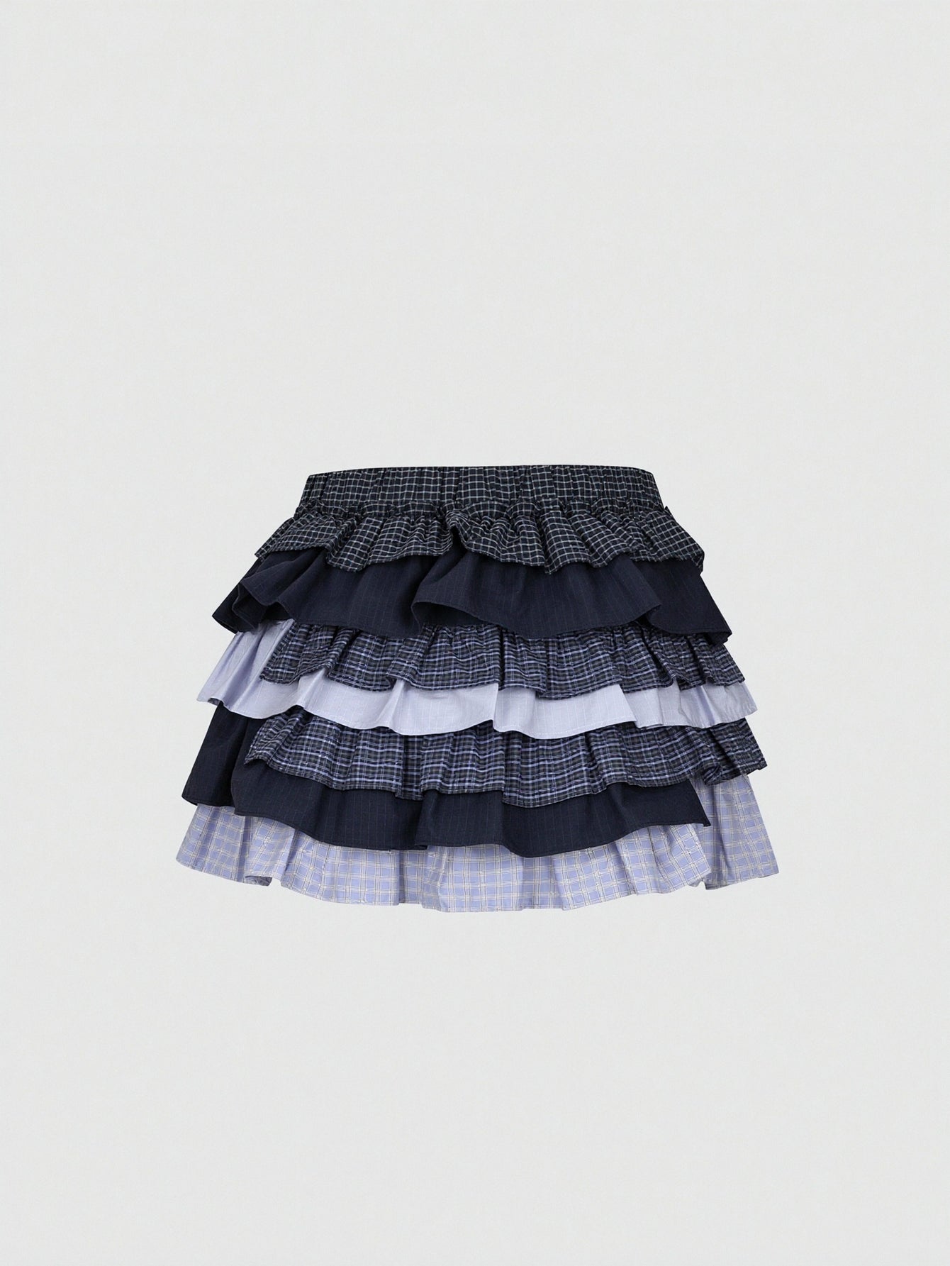 Urban Revivo Drawstring Contrast Check Tiered Ruffle A-Line Mini Skirts
