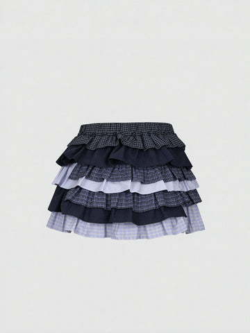 Urban Revivo Drawstring Contrast Check Tiered Ruffle A-Line Mini Skirts
