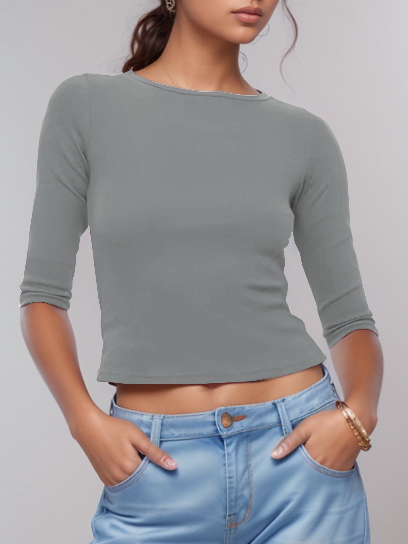 Three-quarter Sleeves Slim Fit Minimalist T-shirt-Black