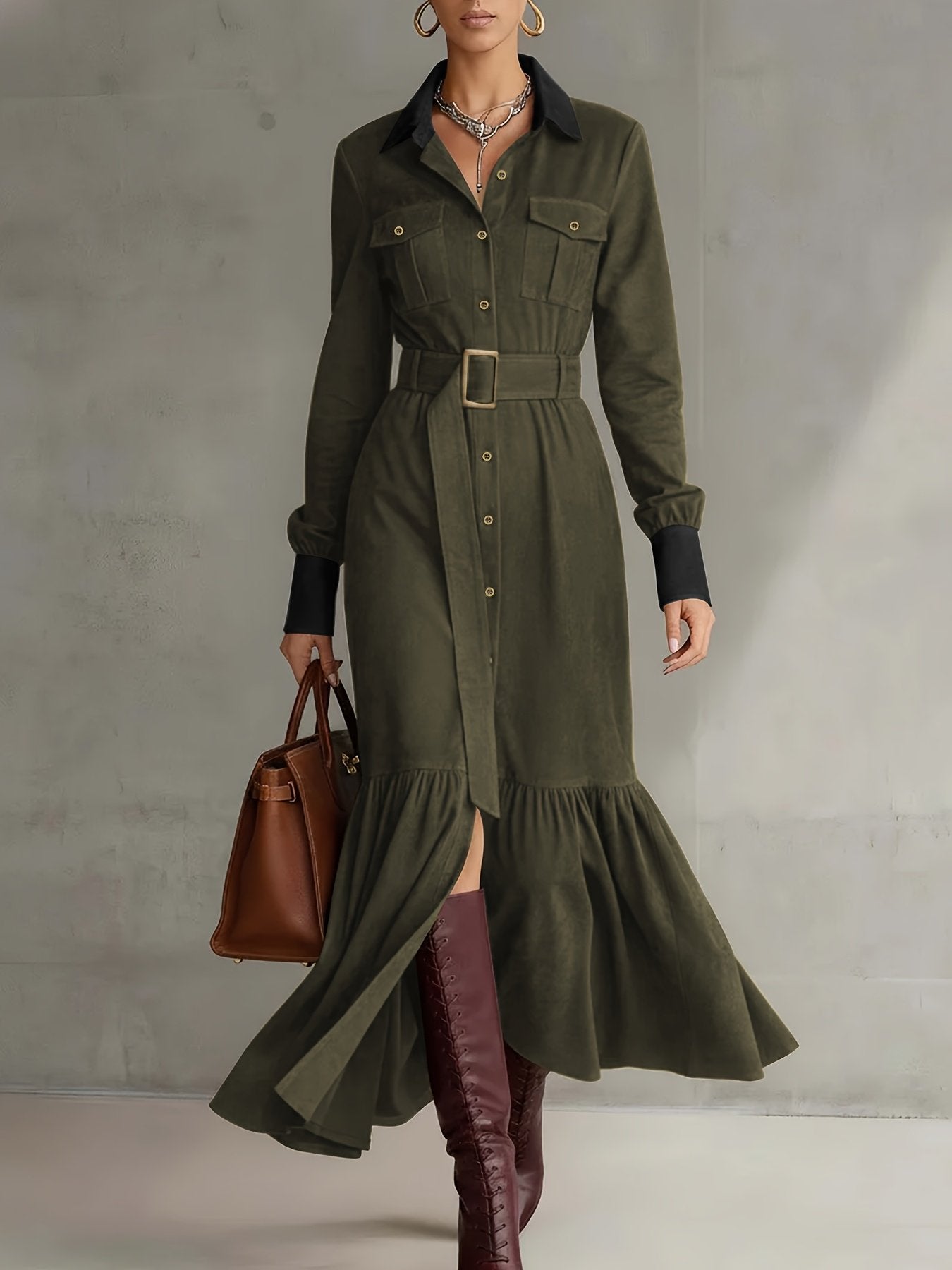Belted Suede Utility Maxi Dress