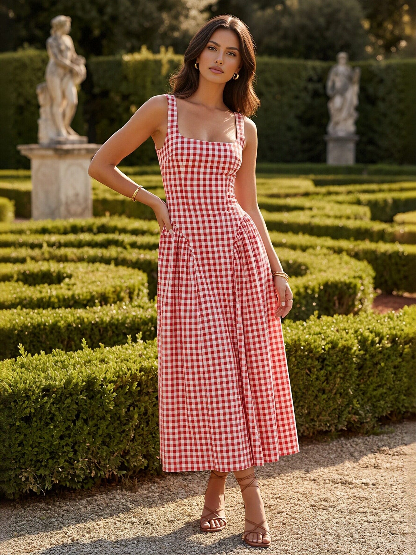 Gingham Square Neck Midi Dress