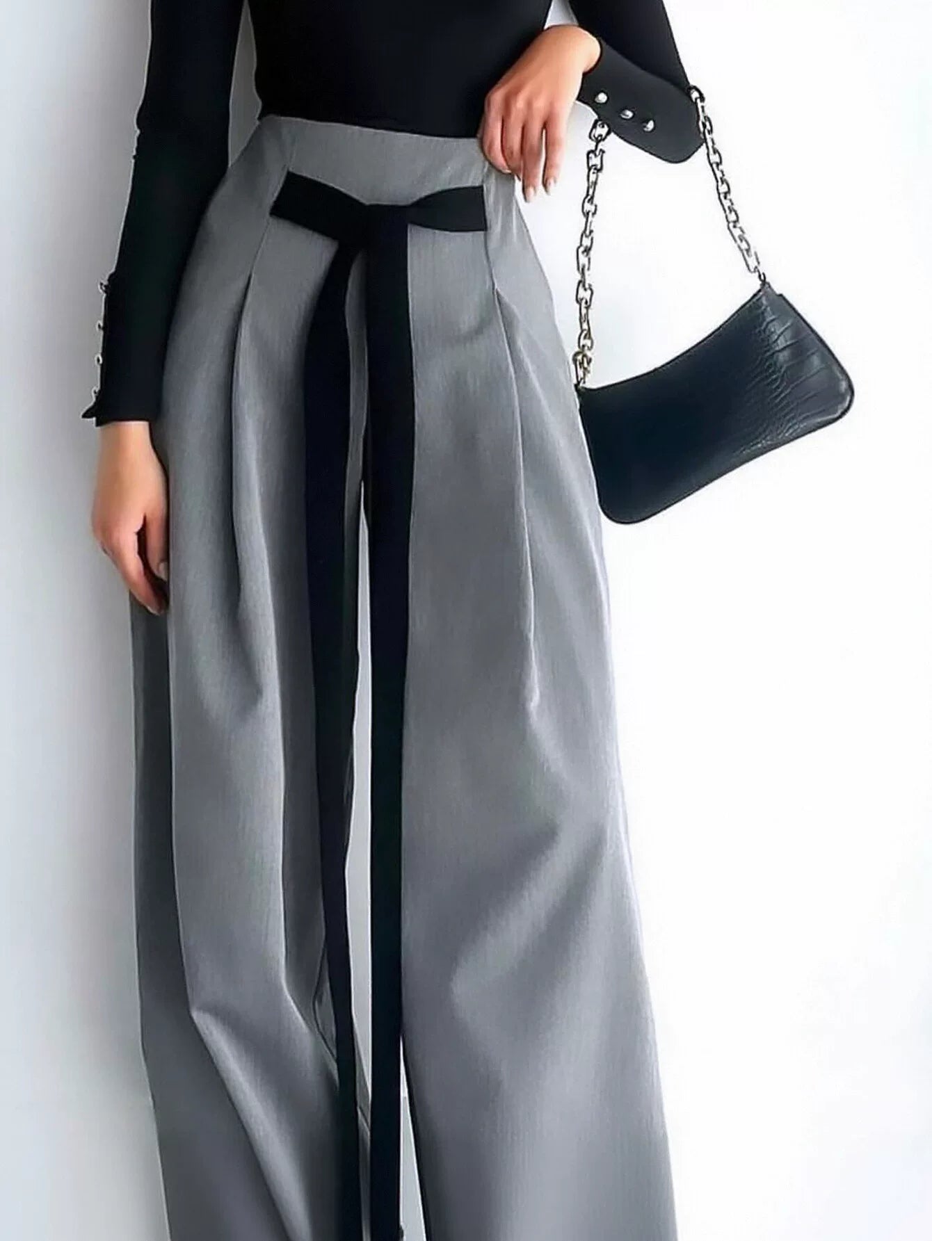 High Waisted Tie Waist Wide Leg Trousers