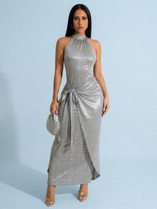 Haltered Neck Wrap Waist Glamorous Midi Dress