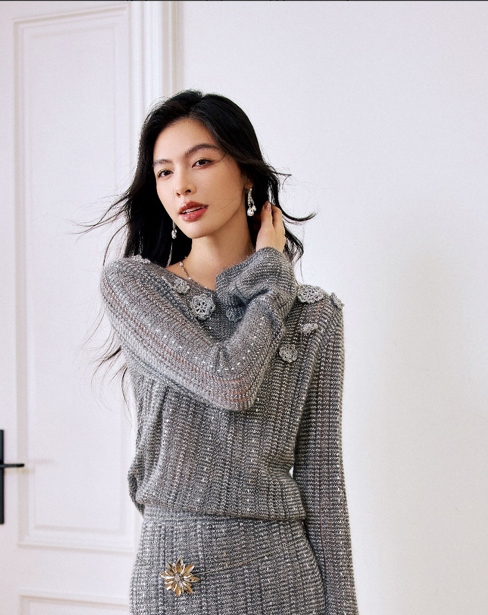 Embellished Metallic Knit Pullover Sweater