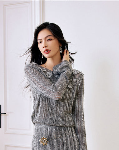 Embellished Metallic Knit Pullover Sweater