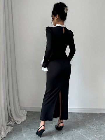 Elegant Button Front Contrast Midi Dress