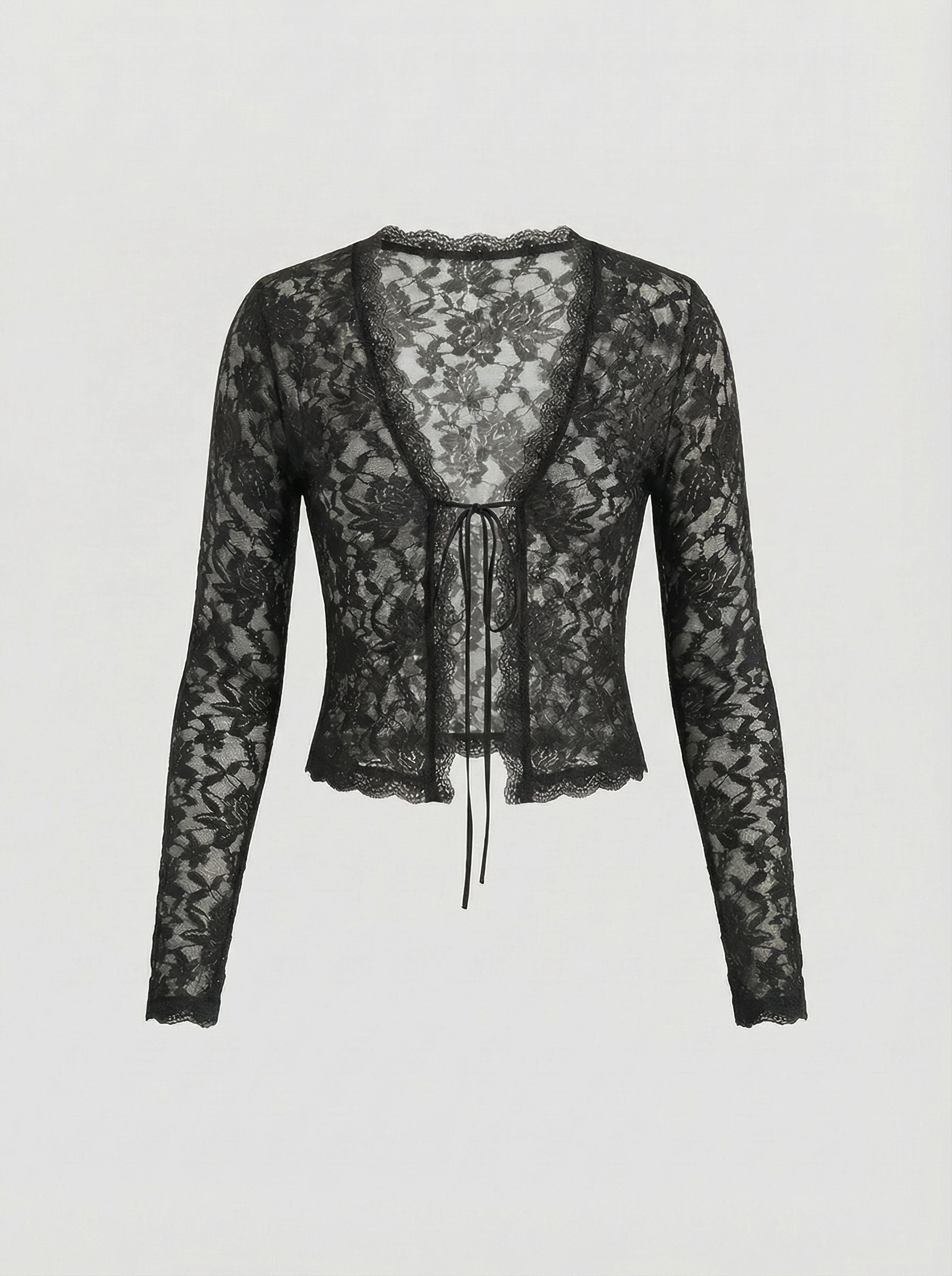 Deep V Lace Tie Front Sexy Blouse-Black