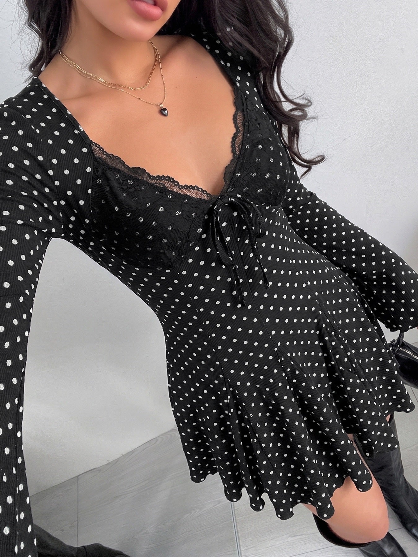 Polka Dot Lace Trim Mini Dress