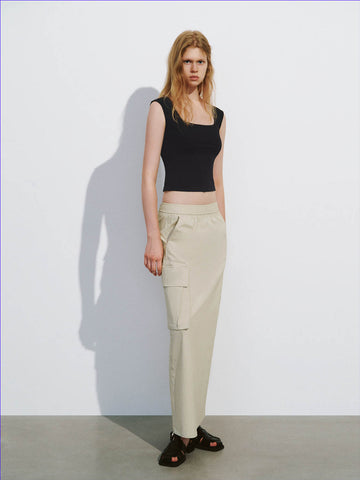 Urban Revivo Drawstring Waist Midi Straight Skirt-Natural