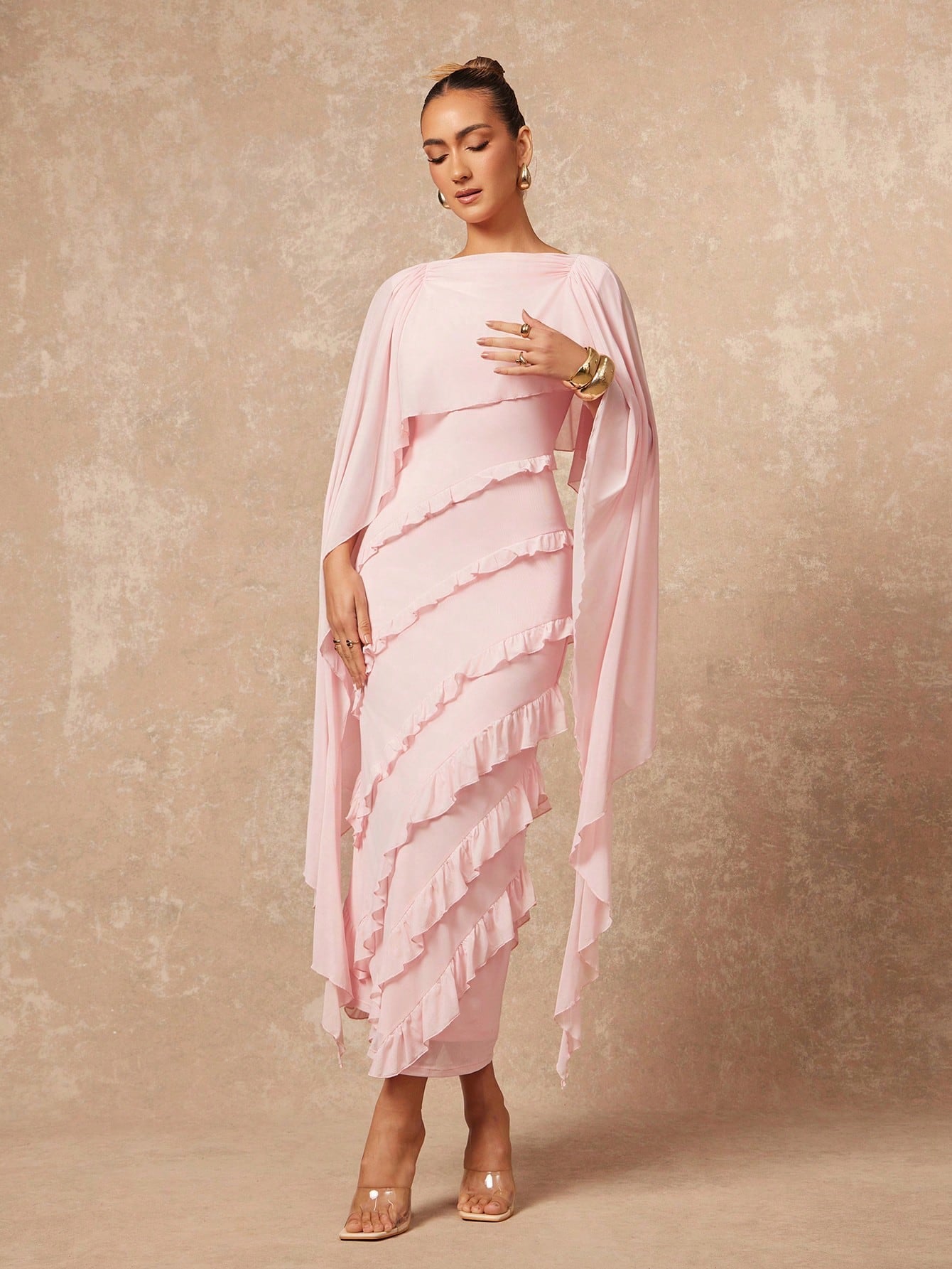 Elegant Ruffled Cape Sleeve Midi Dress